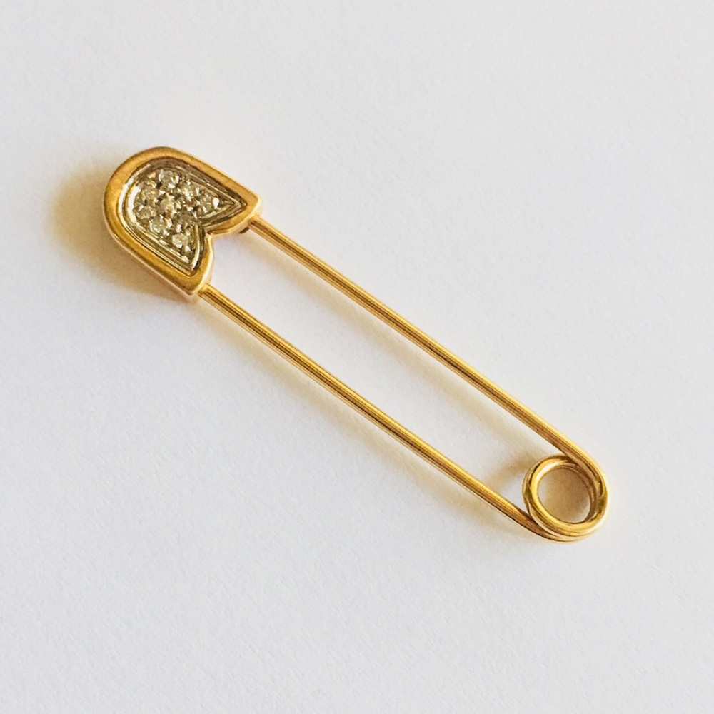 14k Solid Gold Diamond Safety Pin Pendant / Brooch